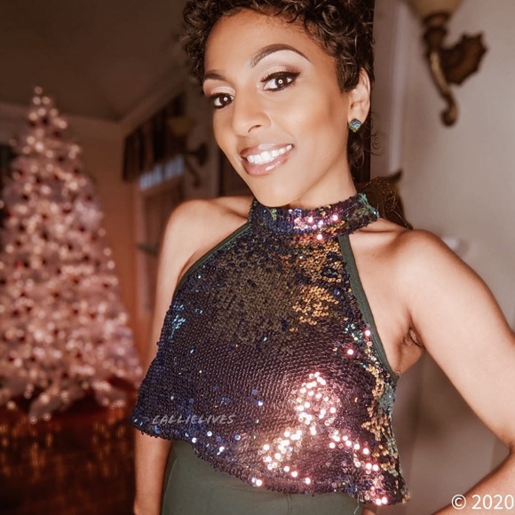 Callie Celebration: Iridescent Orange Sequin Cropped Halter Green Jumpsuit S M - Picture 16 of 16